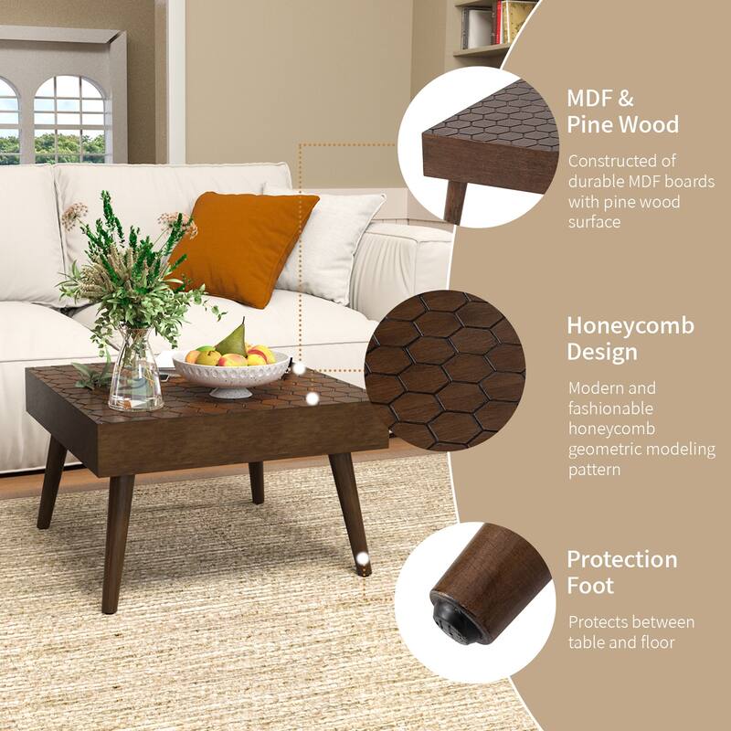 COSIEST Rustic Brown Solid Wood Coffee Table for Living Room