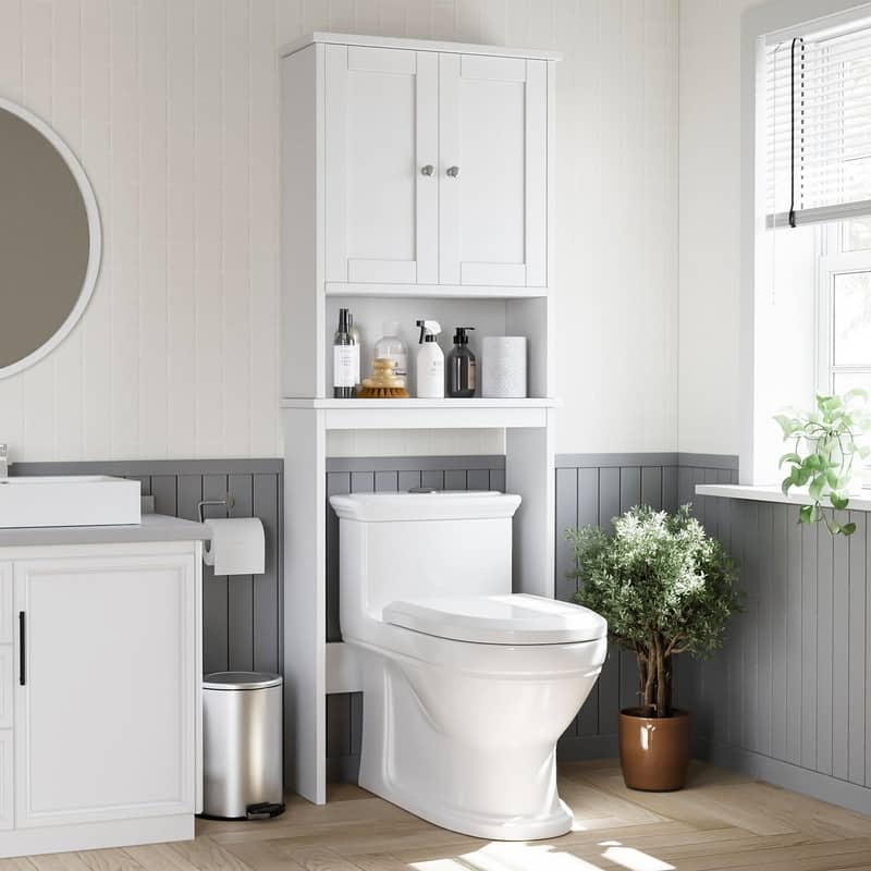 Over The Toilet Storage Cabinet, Wood Door - 8.5"D x 23.6"W x 65.4"H
