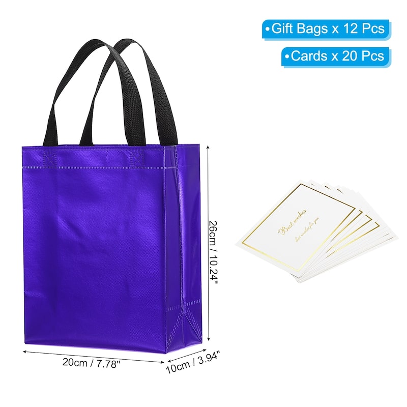 Gift Bags with Cards, 12 Set 8" Reusable Non-Woven Gift Goodie Bags - 10"x8"x4" - Blue