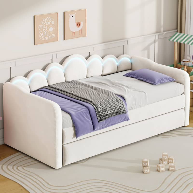 Twin XL Velvet Upholstered Daybed with Pull-Out Trundle and Wave Backrest LED Light