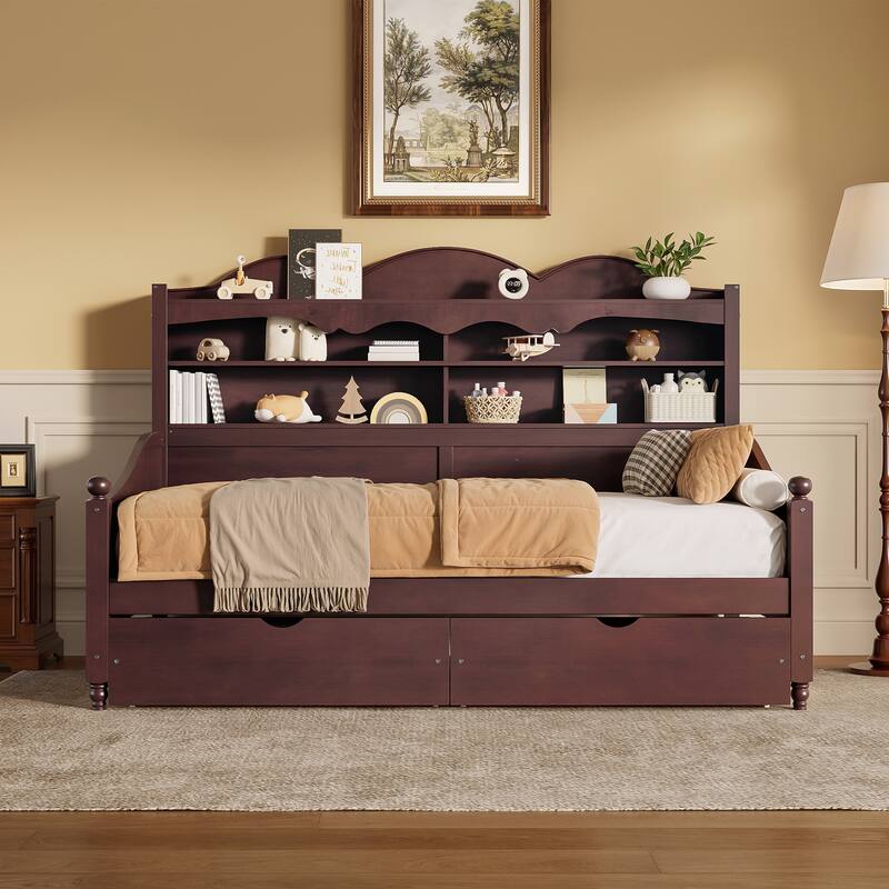 Twin Daybed with Storage Drawers and Headboard Shelving Wooden Frame - Natural - Twin