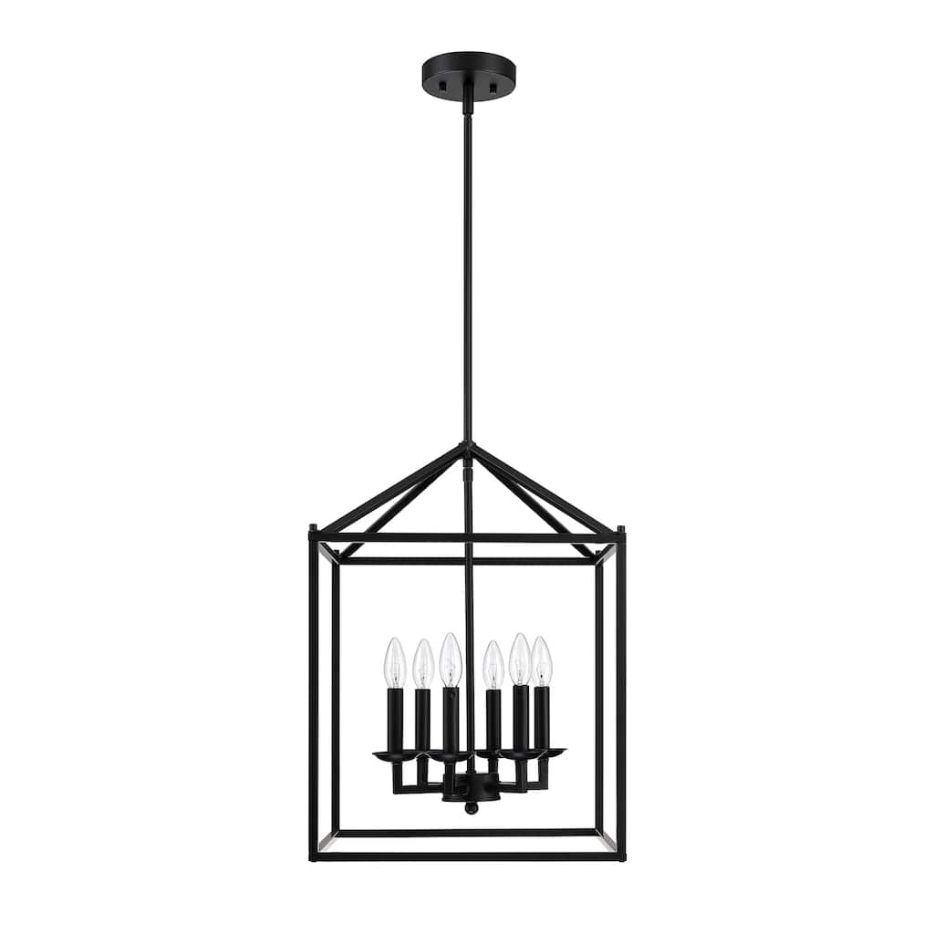 6-light pendant with black finish and steel cage shade