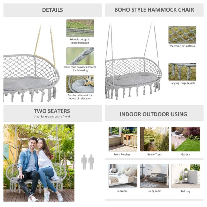 Patio Hanging Cotton Hammock Swing with Soft Cushion and Steel Metal