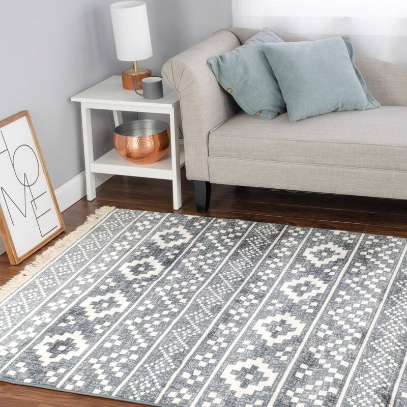 Superior Genaine Contemporary Geometric Fringe Indoor Runner or Area Rug - 5' X 8' - Nightfall Blue
