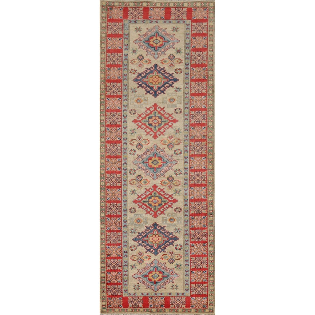 Geometric Kazak Runner Rug Handmade Foyer Wool Carpet - 2'10" x 9'7"