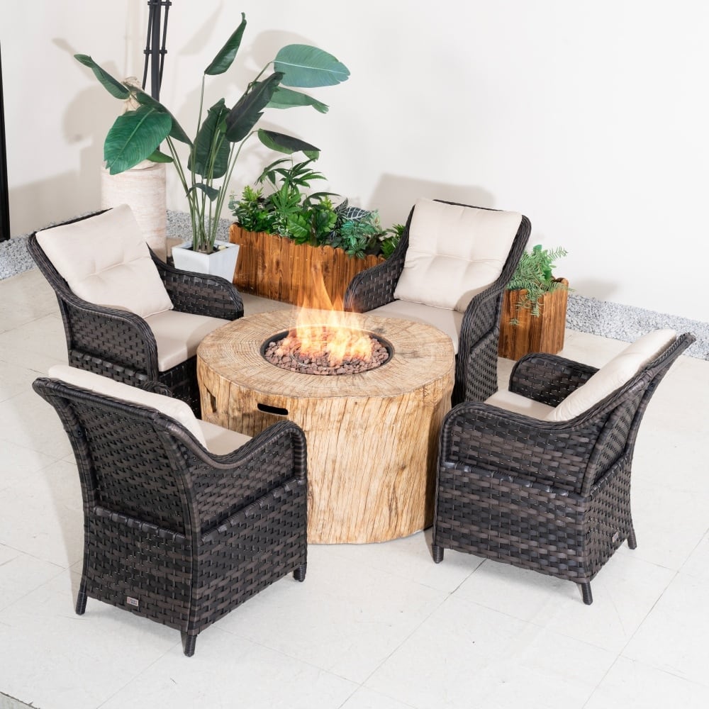 Outdoor Funiture Set with Terrafab Composite Fire Pit Table and PE Rattan Chairs