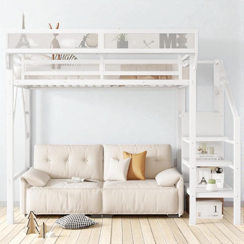 Twin XL Metal Loft Bed with Stairs, Storage Shelves and Wardrobe, High Loft Bed with Under-Bed Space - White - Twin XL