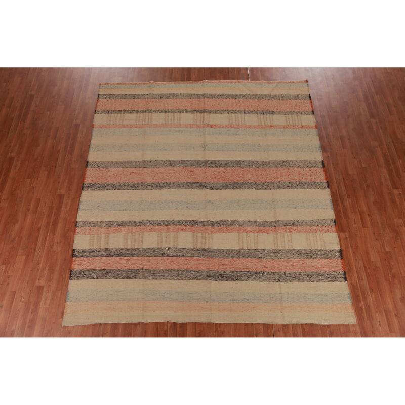 Hand Woven Oriental 100% Jute Carpet Modern Stripe Beige & Ivories Kilim Area Rug - 10' 0'' X 8' 9''