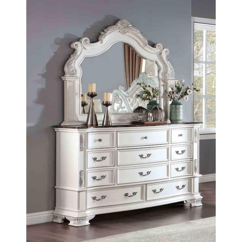 Pearl White Finish Traditional Bedroom Set Bed Nightstand Dresser Mirror Chest