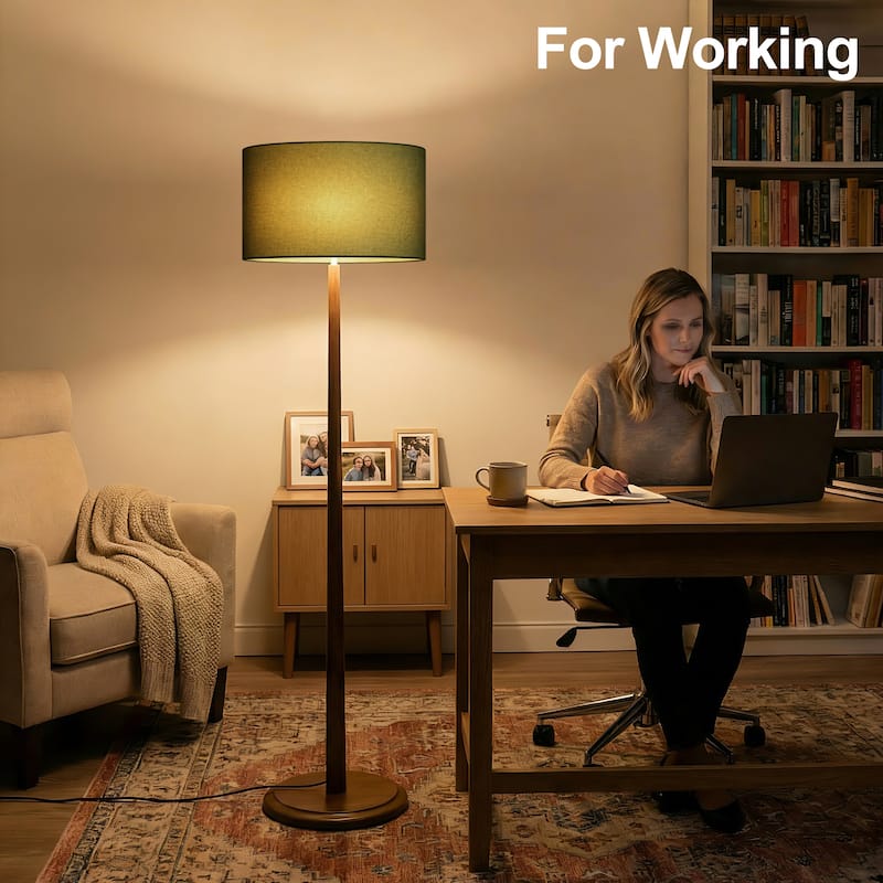 61" Walnut Wood Floor Lamp with Linen Drum Shade, Standing Lamp with Foot Step ON/OFF Switch (Bulb Not Included)