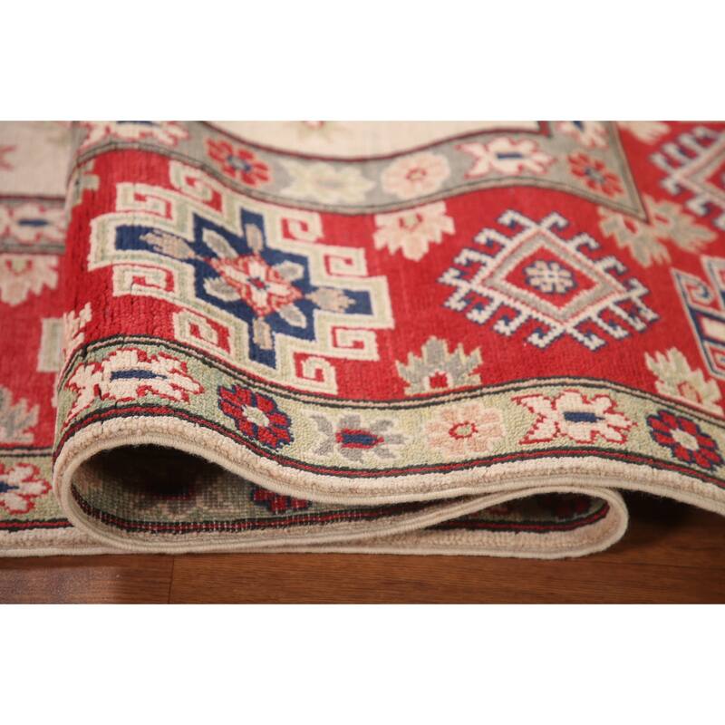 Geometric Kazak Area Rug Hand-Knotted Living Room Wool Carpet - 6'11" x 9'9"