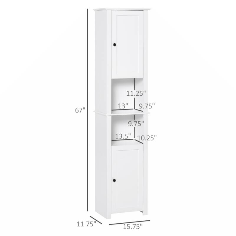 Tall Bathroom Storage Cabinet, Freestanding Linen Tower with 2-Tier Shelf and 2 Cabinets, Narrow Side Floor Organizer, White
