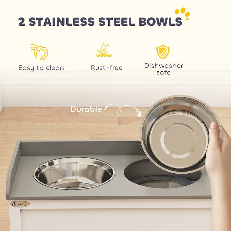 PawHut Dog Feeding Station with Storage Drawer, Removable Elevated Dog Bowls for Large Sized Dogs, White and Black