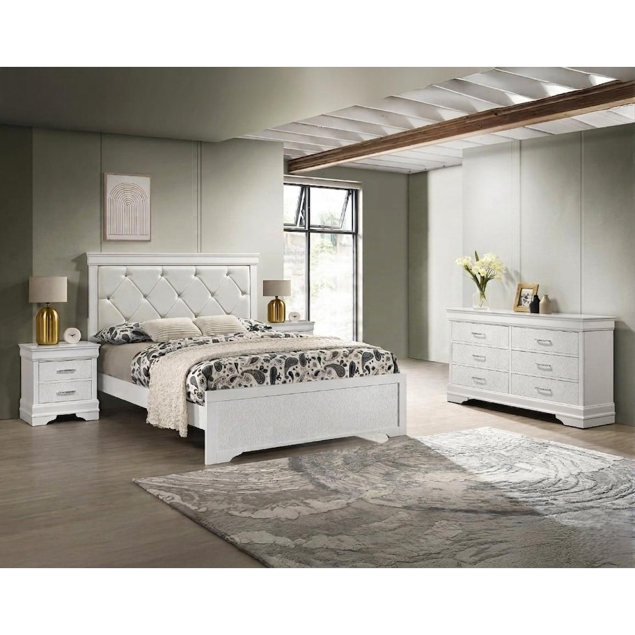 White Upholstered Panel Bed Dresser 2x Nightstand 4pc Set Bedroom Wooden Furniture