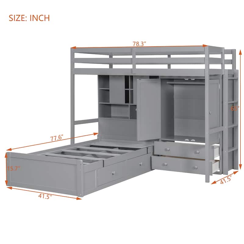Twin Bunk Bed with Drawers, Wardrobe, Shelves and Hydraulic Lift Storage, Space Saving Bed for Kids Teens