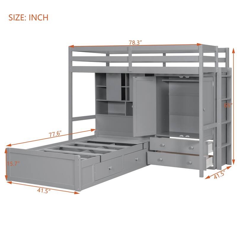 Twin Bunk Bed with Drawers, Wardrobe, Storage Shelves, and Hydraulic Lift, Gray