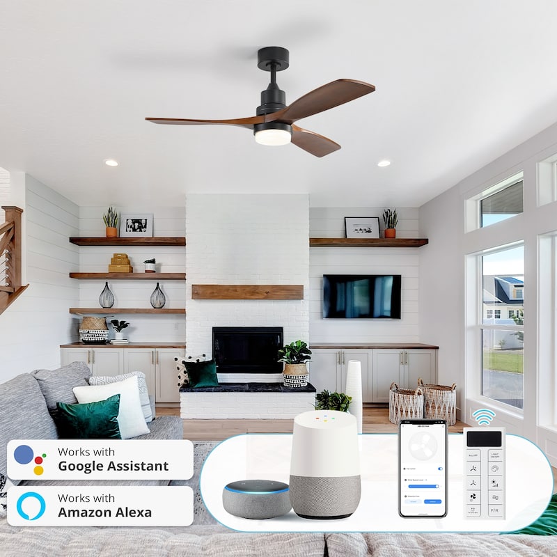 52" Solid Wood Noiseless 3-Blade Ceiling Fans with Dimmable LED Light Optional and Remote, 6-Speed Reversible DC Motor