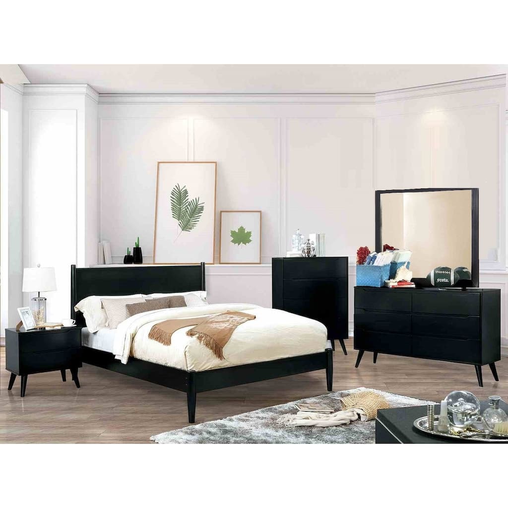 Black Finish Mid Century Modern Bedroom Furniture Set Bed Nightstand Dresser Mirror Chest