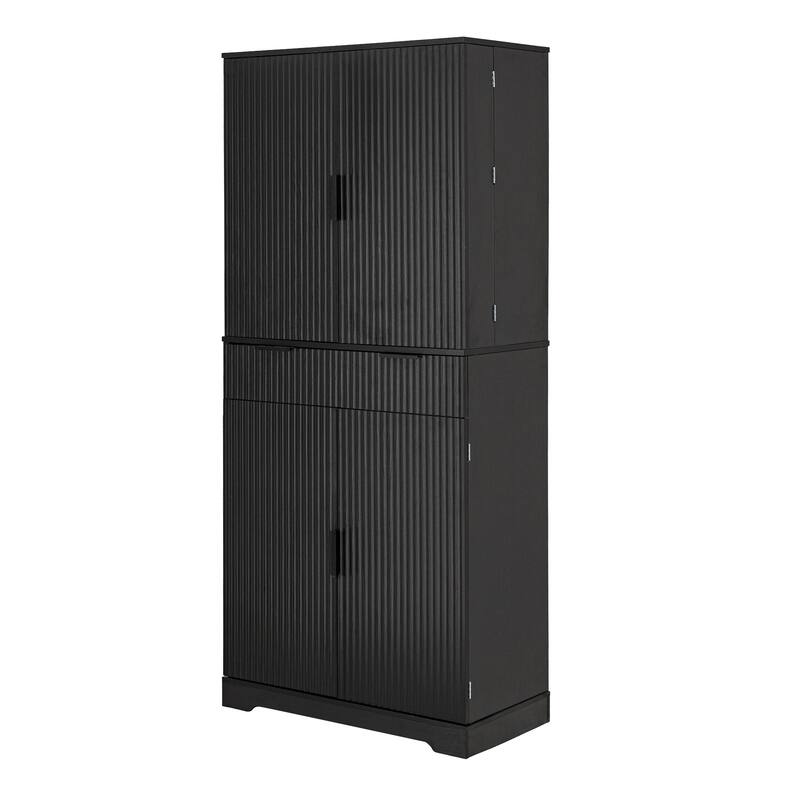 Fluted Kitchen Pantry Cabinet, Freestanding Sideboard Buffet Storage Cabinet with 3 Keyboard Drawers & 6 Door Shelves