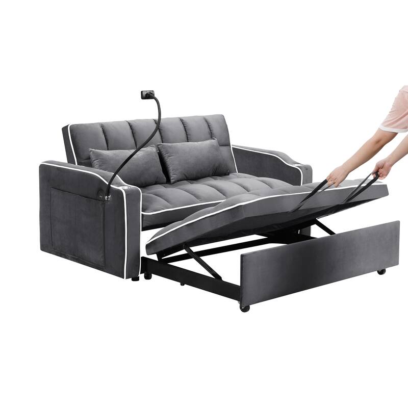 3 in 1 Convertible Sleeper Sofa Bed, Velvet Sleeper Bed with USB Port, Adjustable Backrest & Swivel Phone Stand
