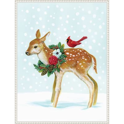 Winter Woodland Creatures with Cardinals II by Laura Marr (23 x 30 in.), Framed Canvas Wall Art Print - Sylvie Beaded White