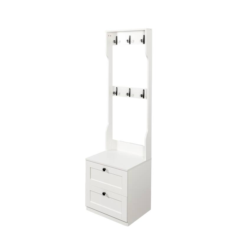 2-in-1 Coat Rack and Nightstand,Wood Entryway Storage Organizer with Drawer & Hooks, Freestanding Clothes Hanger
