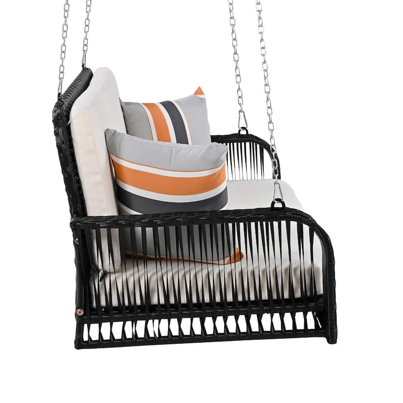 2-Seater PE Wicker Porch Swing Hanging Bench with Chains