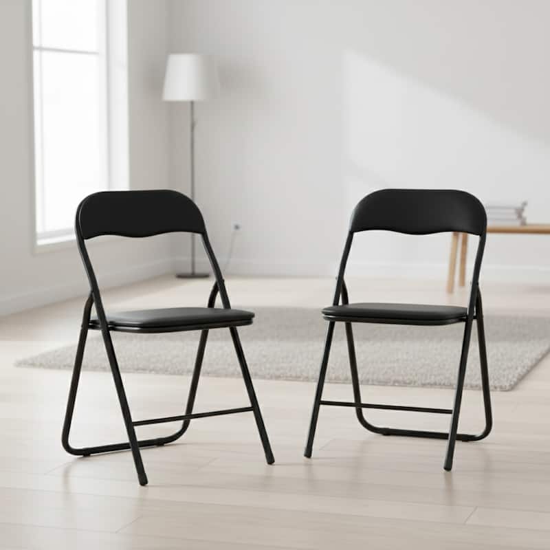 Homylin Folding Padded Chairs with PVC Seat and Back, Space-Saving Steel Frame Chairs, Black - Black