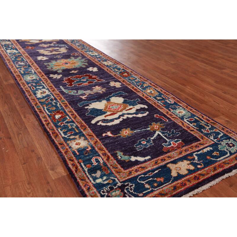 Hand Knotted Oriental 100% Wool Carpet Transitional All-Over Purples Oushak Runner Rug - 9' 11'' X 2' 10''
