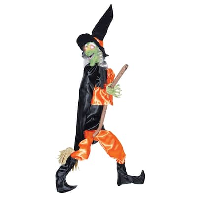 Black and Orange Leg Kicking Witch with Hat and Broom