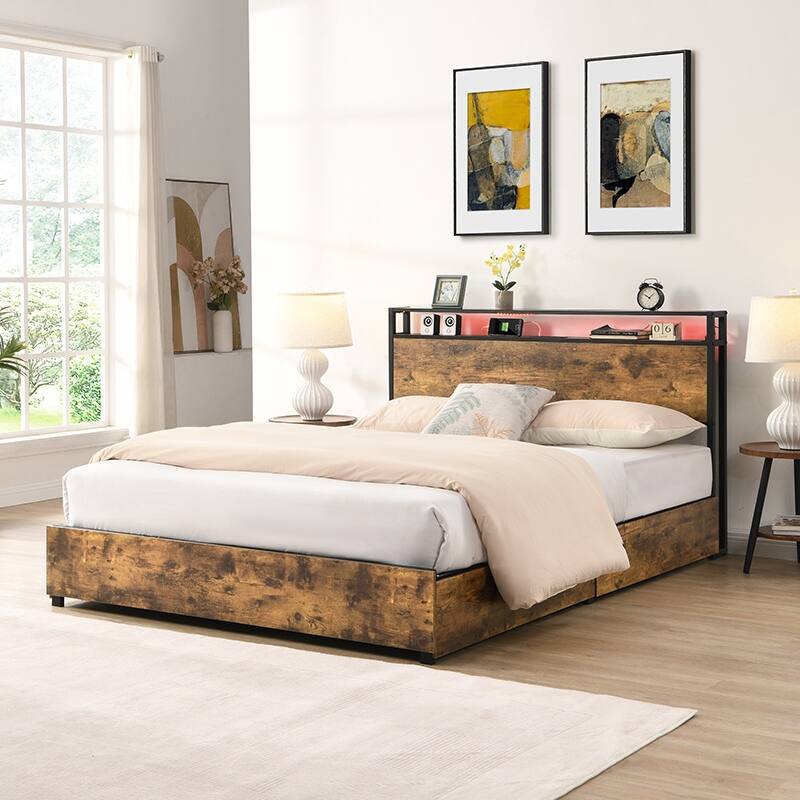 Full Size Bed Frame with Storage Headboard, Charging Station, LED Lights, Noise-Free Design, 4 Storage Drawers