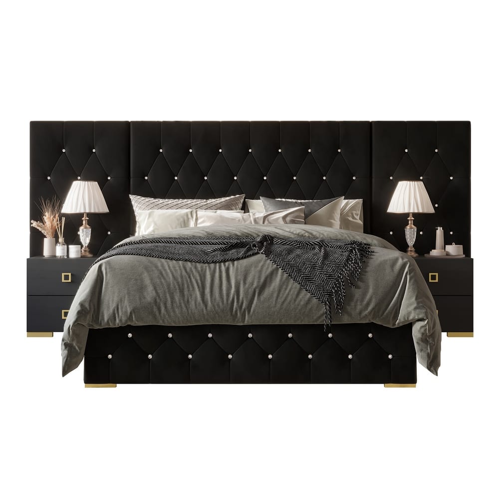 CraftPorch Luxurious Velvet Tufted Platform Bed with Wall Panels