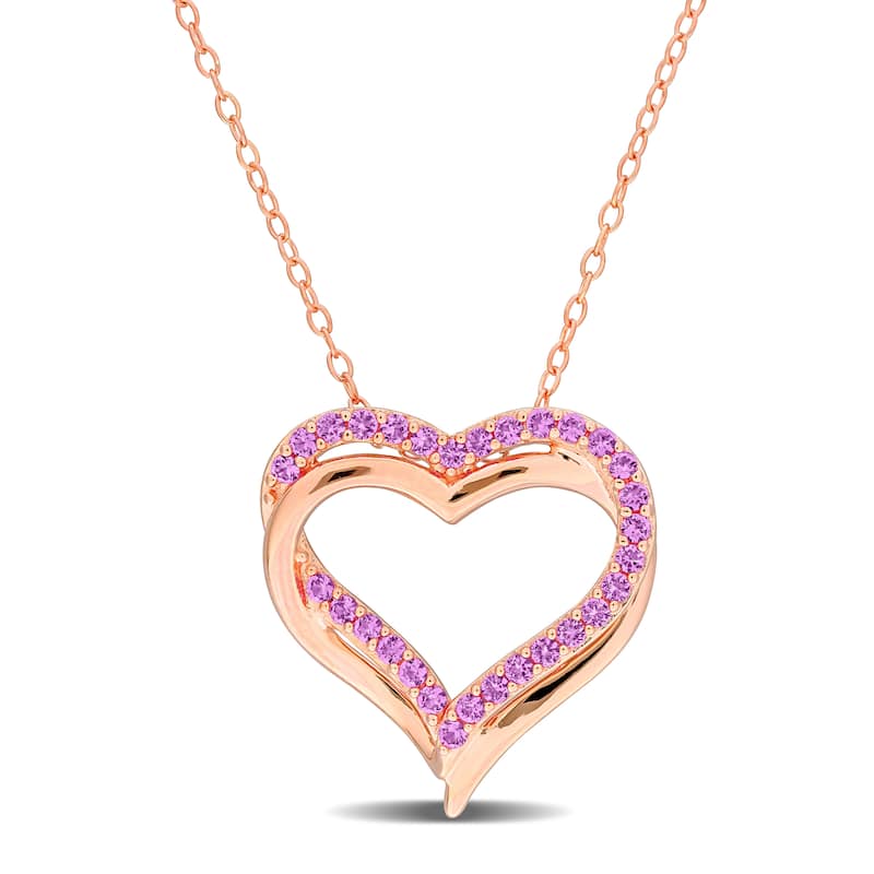 Miadora Created Pink Sapphire Crossover Heart Pendant with Chain in Rose Silver