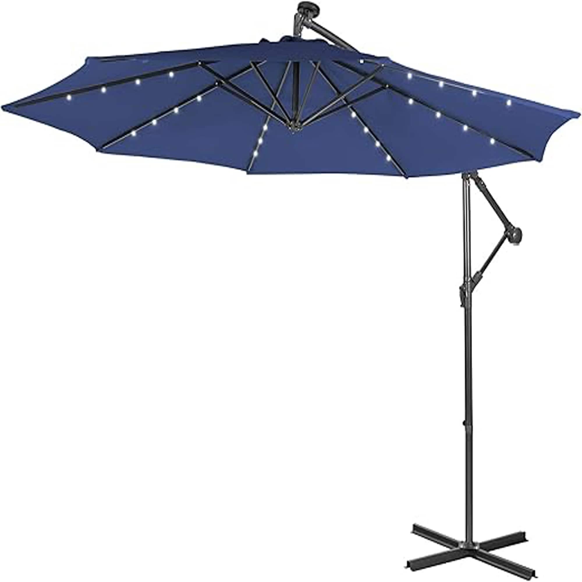 10 FT Patio Offset Umbrella w/Solar Lights & 8 Ribs & Cross Base
