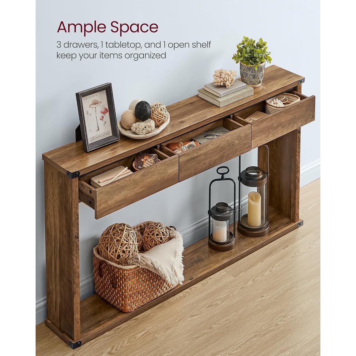 Narrow Entryway Table with 3 Drawers and Shelf, Farmhouse Style, Honey  Brown - Bed Bath \u0026 Beyond - 43761276, image size:1200x1200
