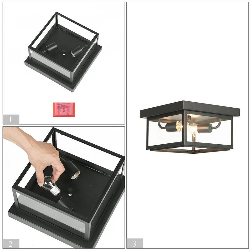 Modern Farmhouse 2-Light Black Full Flush Mount Glass Patio Outdoor Ceiling Light - L 11" x W 11" x H 5.1"