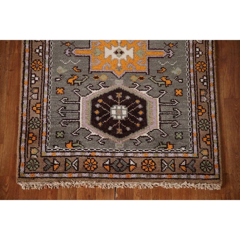Geometric Grey Kazak Indian Rug Hand-Knotted Wool Carpet - 3'0"x 5'0"