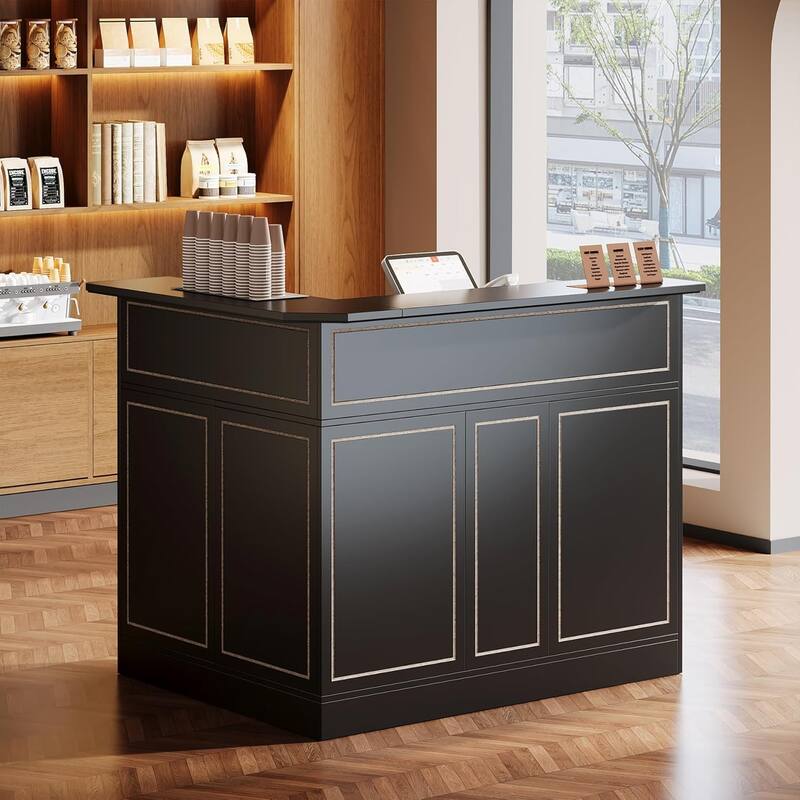 Reception Desk with Storage Shelves, L-Shaped Modern Front Desk