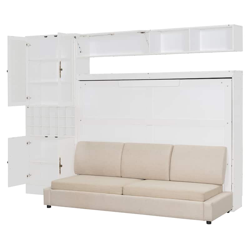 Full Size Murphy Bed with Sofa - Space-Saving Wall Bed with Shelves, USB Ports & Lighting