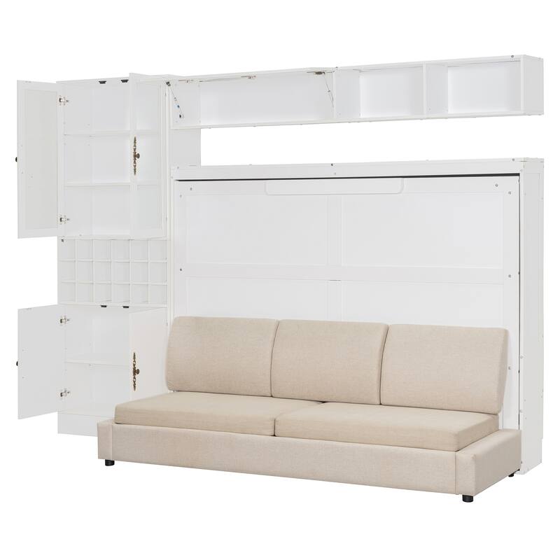 Space-Saving Full Size Murphy Bed with Sofa, Shelves, USB & Light in White