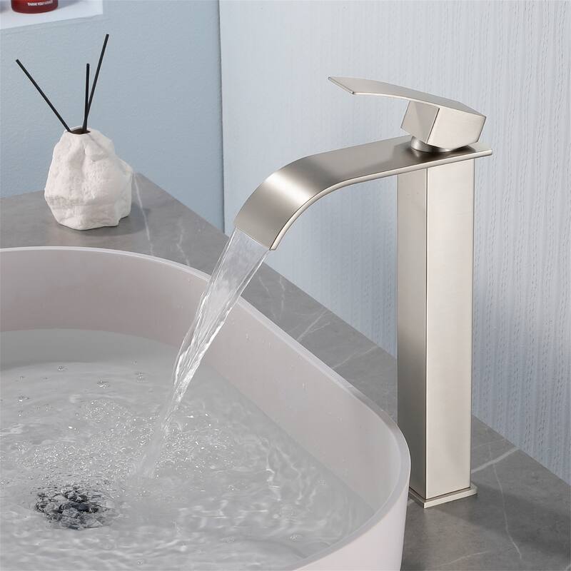 Single Handle Waterfall Bathroom Vessel Sink Faucet with Pop-up Drain 304 Stainless Steel 1 Hole High Tall Basin Vanity Faucets