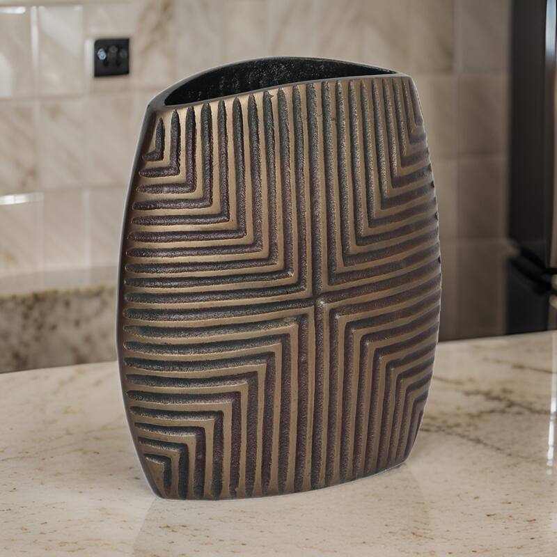Ako 10 Inch Vase, Modern, Ribbed Body Design, Curved Top, Antique Brass