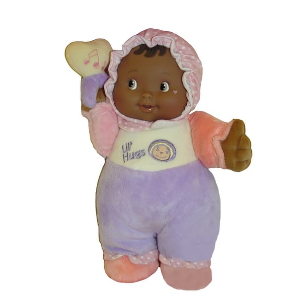 slide 1 of 1, Lil' Hugs Baby's First Soft Doll, Vinyl Face, Pastel Outfits with Rattle, 12" African-American