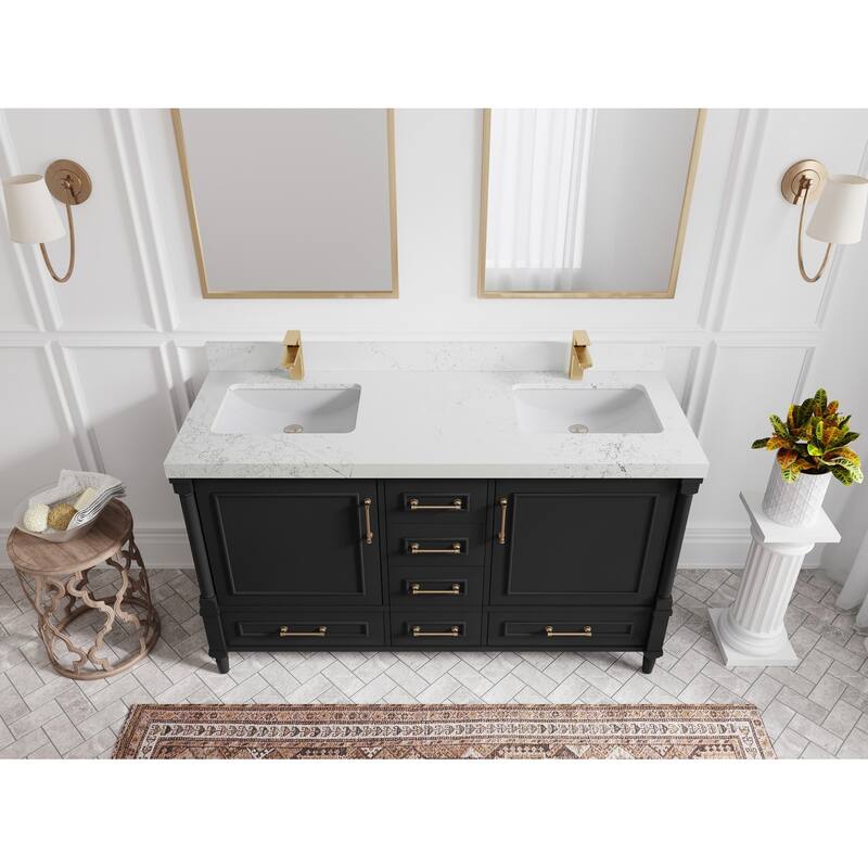 Willow Collections 60 in. W x 22 in. D Aberdeen Double Sink Bathroom Vanity with Countertop - 2" Empira White - Black