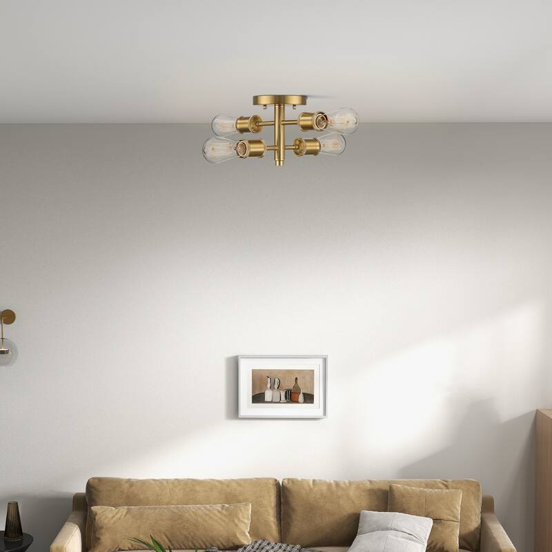 Raleni Retro 4-Light Semi-Flush Mount Ceiling Fixture - Gold Brass