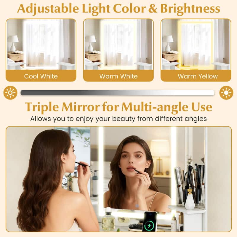 Costway Corner Vanity Desk with Mirror Lights Triple Mirror 3 Lighting - See Details