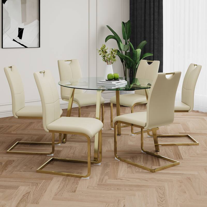 7-Piece Compact Round Dining Table Set, 47.2" Glass Table with 6 Faux Leather Chairs, Modern Dining Table and Chair Set for 6 - Light Yellow