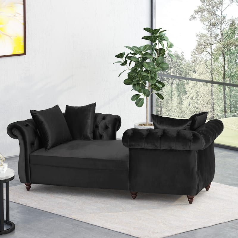 Houck Modern Glam Tufted Velvet Tete-a-Tete Chaise Lounge with Accent Pillows by Christopher Knight Home - Black + Dark Brown