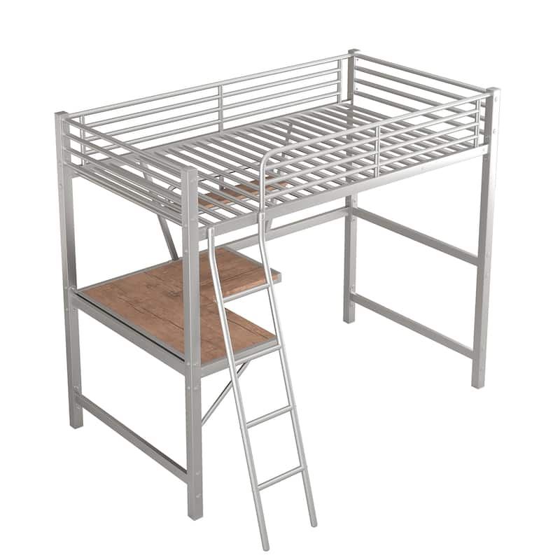 Metal Loft Bed with Integrated Desk, Shelf, and Full-Length Guardrail