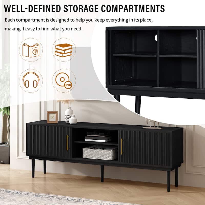 74.9"Modern TV Stand with Vertical Striped Sliding Doors - Space-Saving Media Console with Stylish Storage
